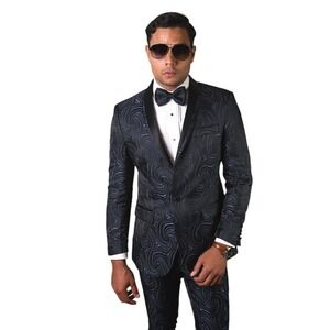 Statement Italy Tailored Fit Navy Swirl 2 Piece Tuxedo Sz 50L 40x31 NWOT
